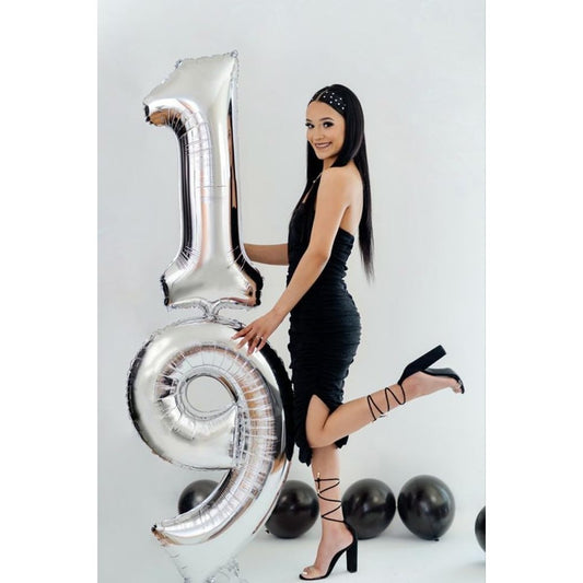 Balon din Folie Metalizata, Figurina Cifra, Tema Aniversare 100 cm, Ambalaj Individual, Pai inclus, Umflare cu Aer sau Heliu, Argintiu, Cifra 9