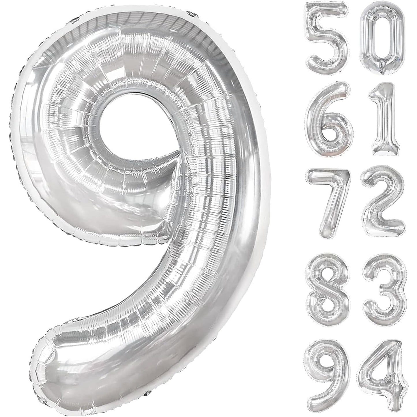 Balon din Folie Metalizata, Figurina Cifra, Tema Aniversare 100 cm, Ambalaj Individual, Pai inclus, Umflare cu Aer sau Heliu, Argintiu, Cifra 9