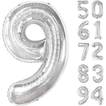 Balon din Folie Metalizata, Figurina Cifra, Tema Aniversare 100 cm, Ambalaj Individual, Pai inclus, Umflare cu Aer sau Heliu, Argintiu, Cifra 9