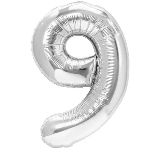 Balon din Folie Metalizata, Figurina Cifra, Tema Aniversare 100 cm, Ambalaj Individual, Pai inclus, Umflare cu Aer sau Heliu, Argintiu, Cifra 9