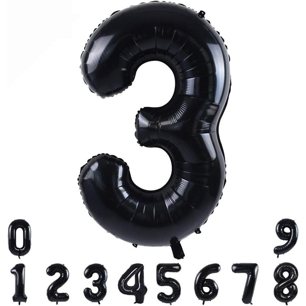 Balon din Folie Metalizata, Figurina Cifra, Tema Aniversare 100 cm, Ambalaj Individual, Pai inclus, Umflare cu Aer sau Heliu, Negru, Cifra 3