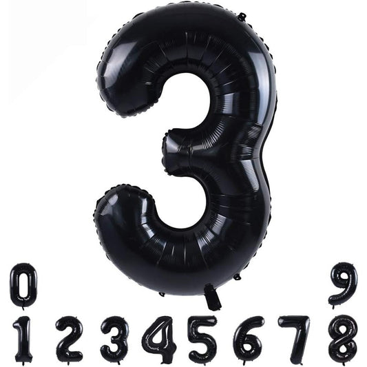 Balon din Folie Metalizata, Figurina Cifra, Tema Aniversare 100 cm, Ambalaj Individual, Pai inclus, Umflare cu Aer sau Heliu, Negru, Cifra 3