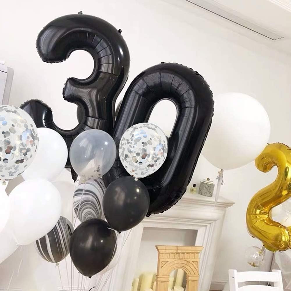 Balon din Folie Metalizata, Figurina Cifra, Tema Aniversare 100 cm, Ambalaj Individual, Pai inclus, Umflare cu Aer sau Heliu, Negru, Cifra 3
