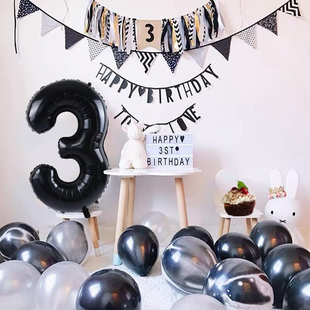 Balon din Folie Metalizata, Figurina Cifra, Tema Aniversare 100 cm, Ambalaj Individual, Pai inclus, Umflare cu Aer sau Heliu, Negru, Cifra 3