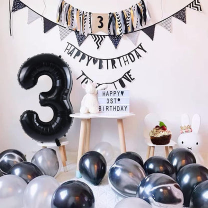 Balon din Folie Metalizata, Figurina Cifra, Tema Aniversare 100 cm, Ambalaj Individual, Pai inclus, Umflare cu Aer sau Heliu, Negru, Cifra 3