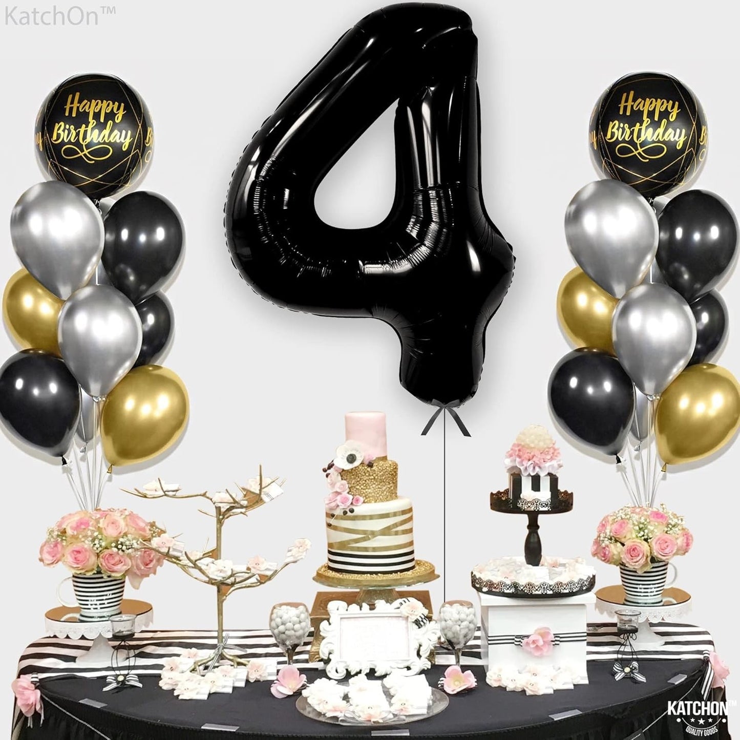 Balon din Folie Metalizata, Figurina Cifra, Tema Aniversare 100 cm, Ambalaj Individual, Pai inclus, Umflare cu Aer sau Heliu, Negru, Cifra 4