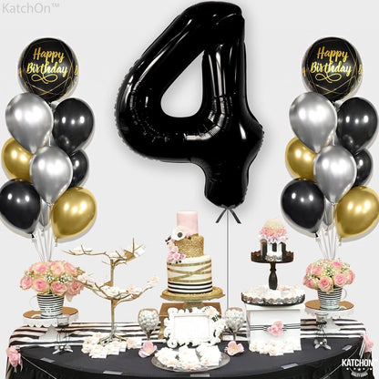 Balon din Folie Metalizata, Figurina Cifra, Tema Aniversare 100 cm, Ambalaj Individual, Pai inclus, Umflare cu Aer sau Heliu, Negru, Cifra 4