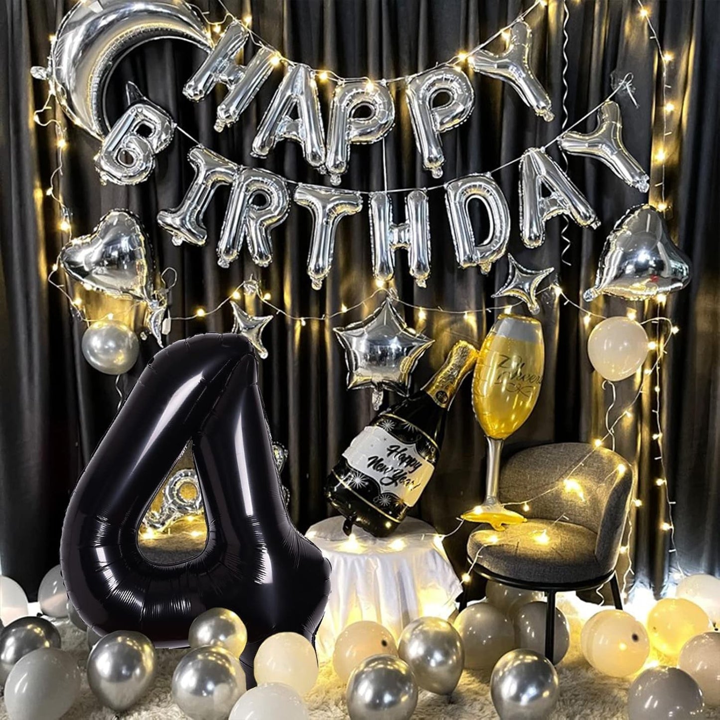 Balon din Folie Metalizata, Figurina Cifra, Tema Aniversare 100 cm, Ambalaj Individual, Pai inclus, Umflare cu Aer sau Heliu, Negru, Cifra 4