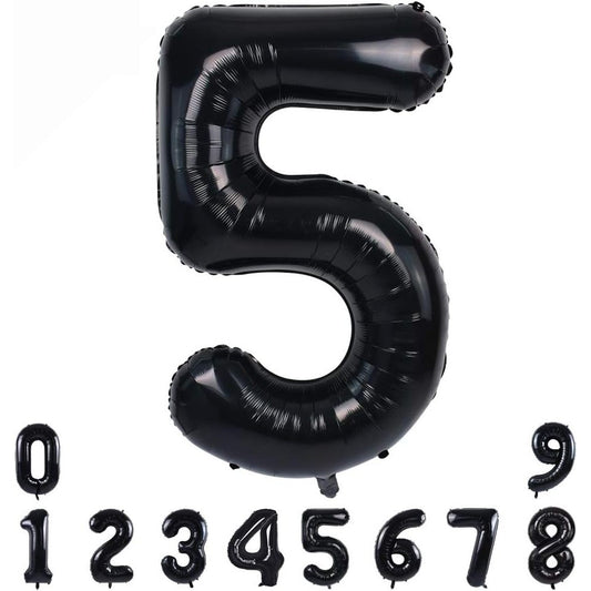 Balon din Folie Metalizata, Figurina Cifra, Tema Aniversare 100 cm, Ambalaj Individual, Pai inclus, Umflare cu Aer sau Heliu, Negru, Cifra 5