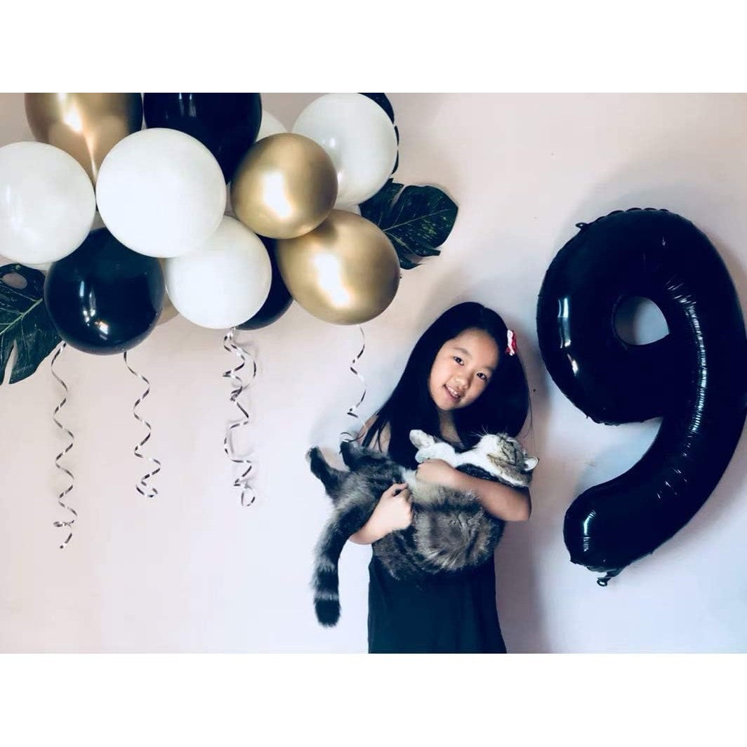 Balon din Folie Metalizata, Figurina Cifra, Tema Aniversare 100 cm, Ambalaj Individual, Pai inclus, Umflare cu Aer sau Heliu, Negru, Cifra 9