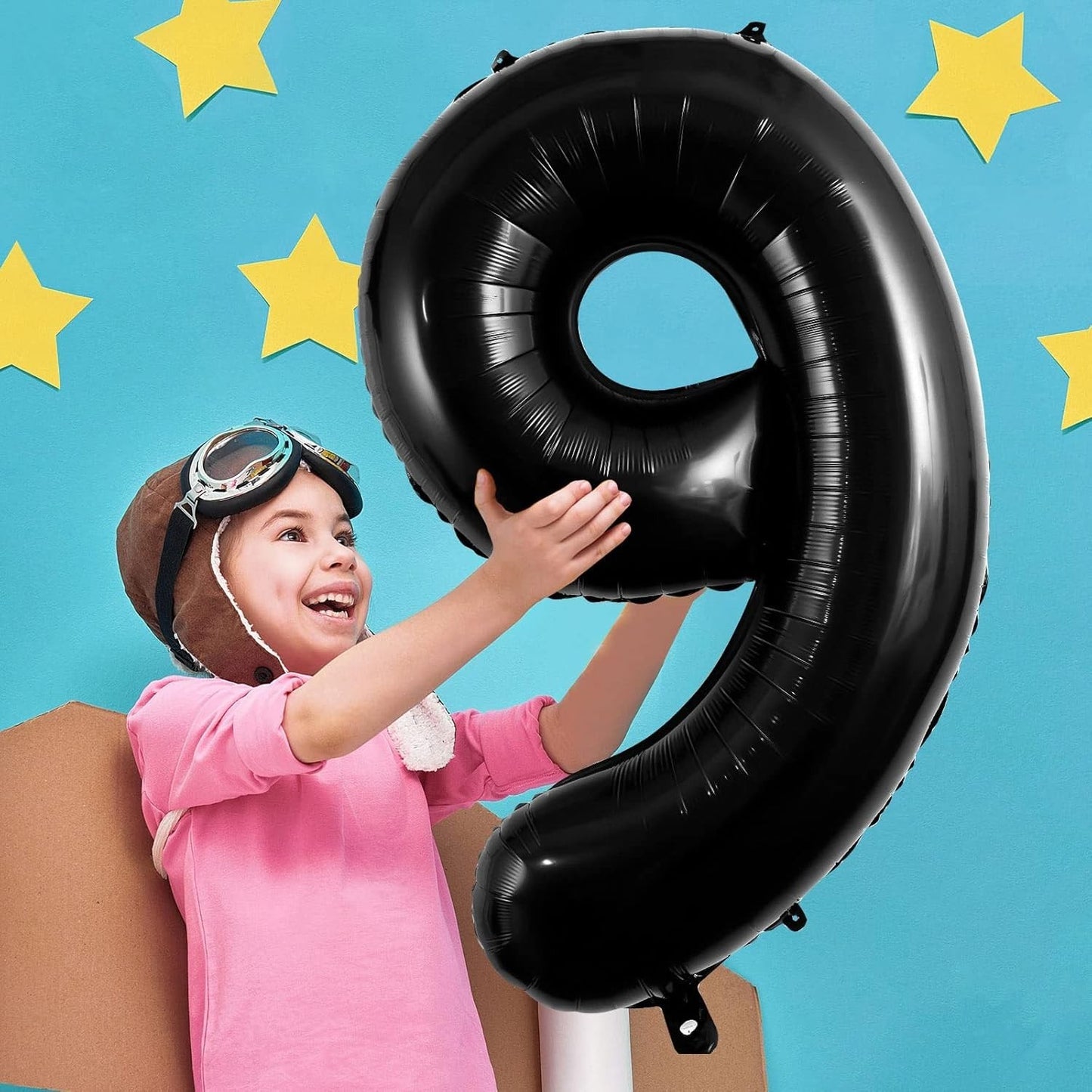 Balon din Folie Metalizata, Figurina Cifra, Tema Aniversare 100 cm, Ambalaj Individual, Pai inclus, Umflare cu Aer sau Heliu, Negru, Cifra 9