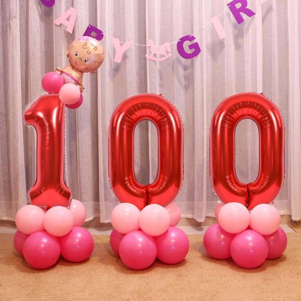 Balon din Folie Metalizata, Figurina Cifra, Tema Aniversare 100 cm, Ambalaj Individual, Pai inclus, Umflare cu Aer sau Heliu, Rosu, Cifra 0