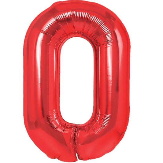 Balon din Folie Metalizata, Figurina Cifra, Tema Aniversare 100 cm, Ambalaj Individual, Pai inclus, Umflare cu Aer sau Heliu, Rosu, Cifra 0