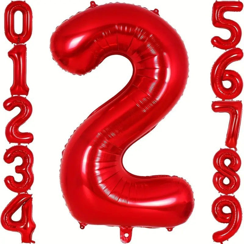Balon din Folie Metalizata, Figurina Cifra, Tema Aniversare 100 cm, Ambalaj Individual, Pai inclus, Umflare cu Aer sau Heliu, Rosu, Cifra 2