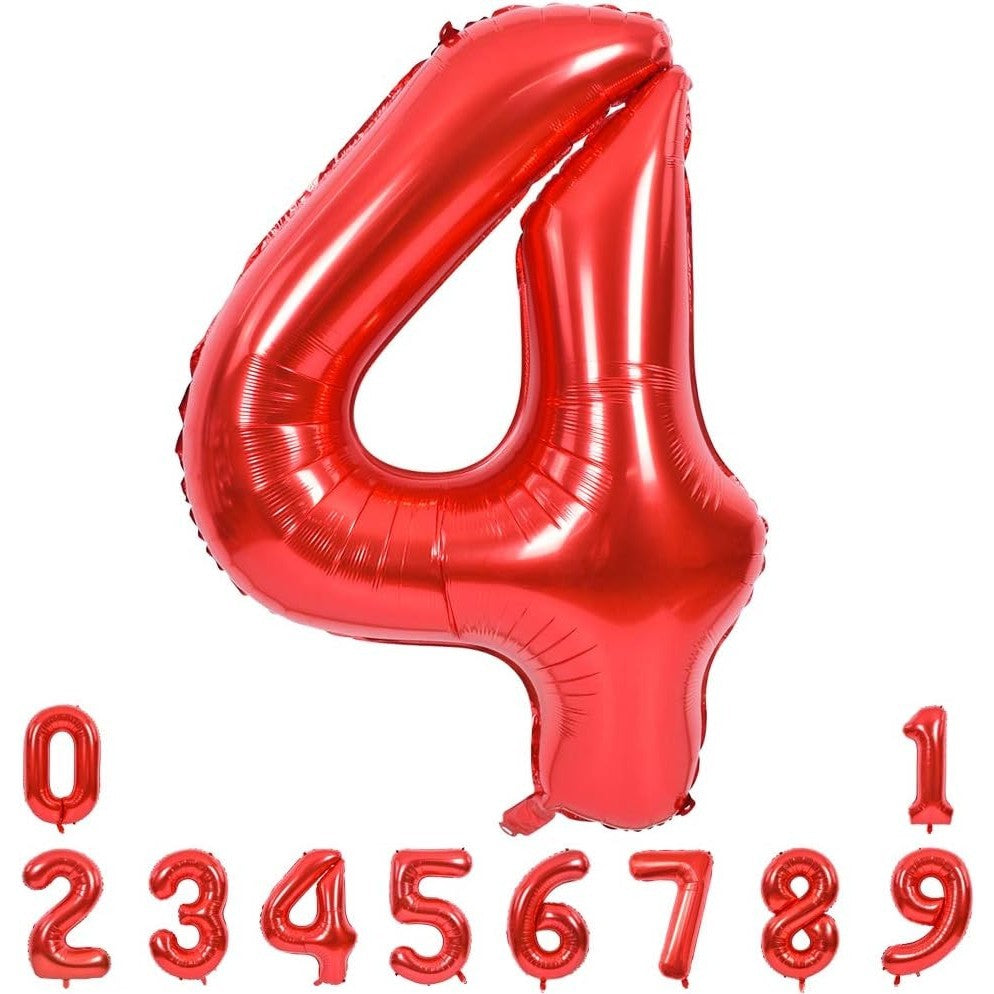 Balon din Folie Metalizata, Figurina Cifra, Tema Aniversare 100 cm, Ambalaj Individual, Pai inclus, Umflare cu Aer sau Heliu, Rosu, Cifra 4