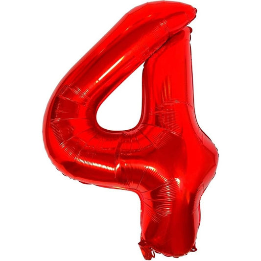 Balon din Folie Metalizata, Figurina Cifra, Tema Aniversare 100 cm, Ambalaj Individual, Pai inclus, Umflare cu Aer sau Heliu, Rosu, Cifra 4