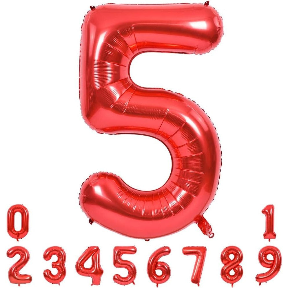 Balon din Folie Metalizata, Figurina Cifra, Tema Aniversare 100 cm, Ambalaj Individual, Pai inclus, Umflare cu Aer sau Heliu, Rosu, Cifra 5