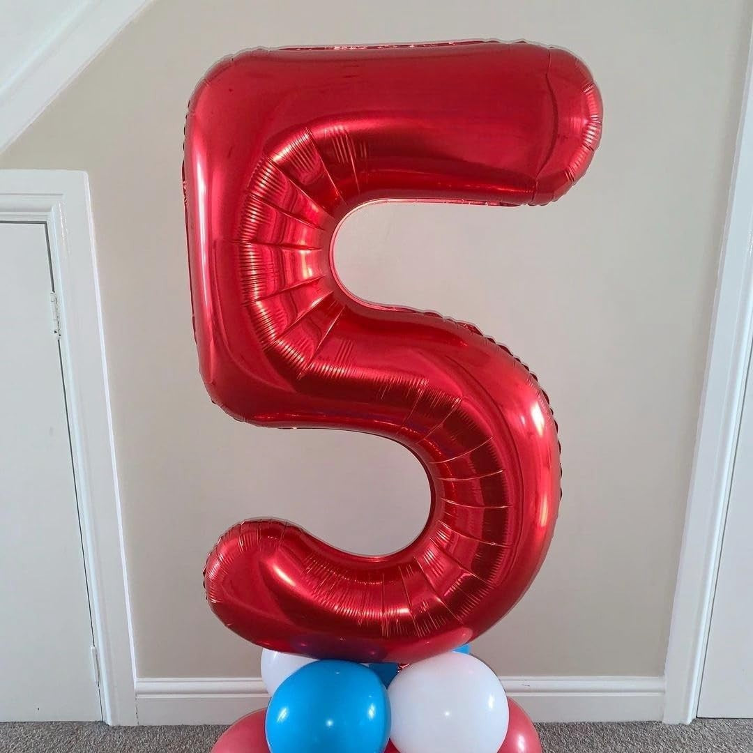 Balon din Folie Metalizata, Figurina Cifra, Tema Aniversare 100 cm, Ambalaj Individual, Pai inclus, Umflare cu Aer sau Heliu, Rosu, Cifra 5