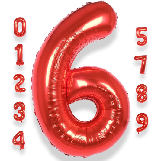 Balon din Folie Metalizata, Figurina Cifra, Tema Aniversare 100 cm, Ambalaj Individual, Pai inclus, Umflare cu Aer sau Heliu, Rosu, Cifra 6