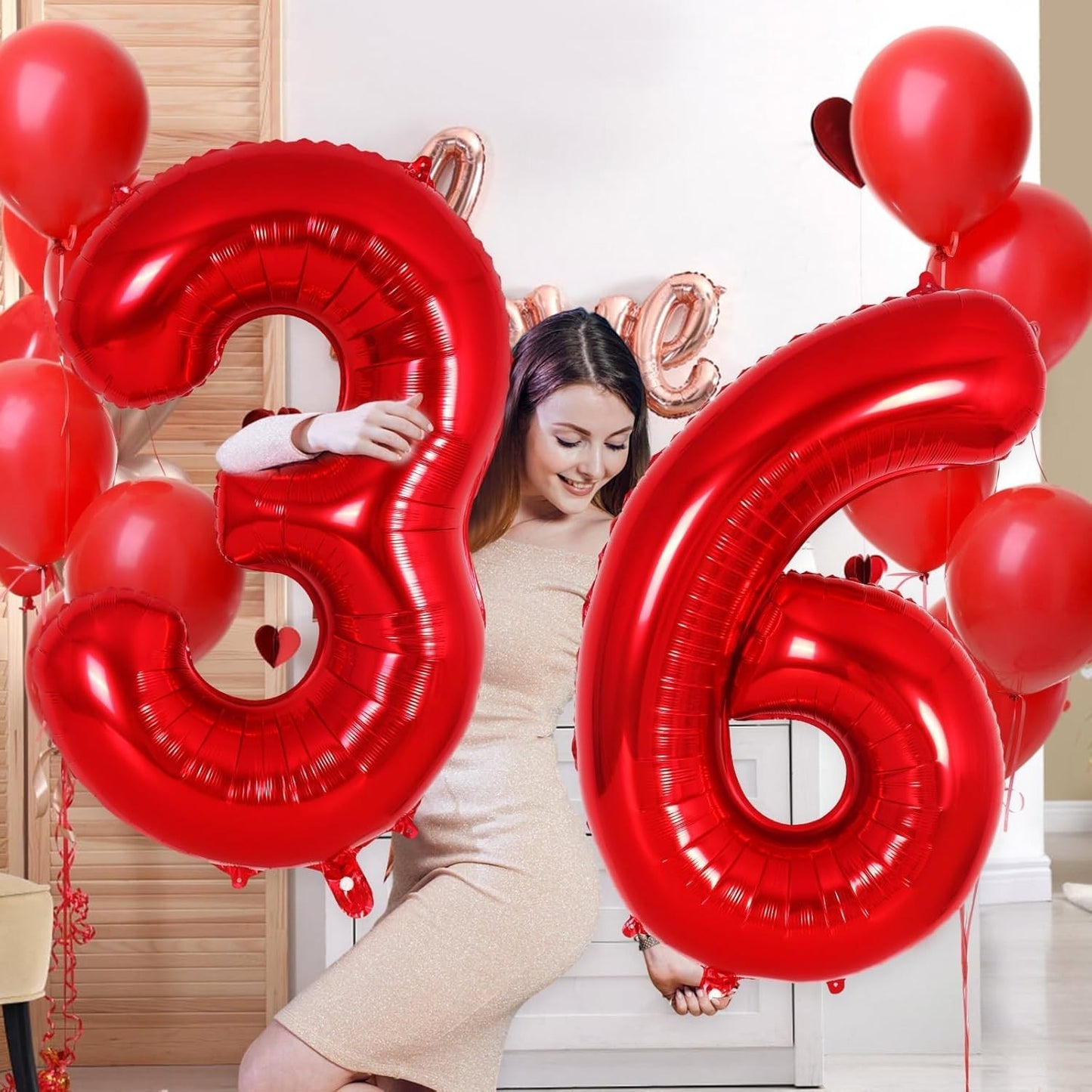 Balon din Folie Metalizata, Figurina Cifra, Tema Aniversare 100 cm, Ambalaj Individual, Pai inclus, Umflare cu Aer sau Heliu, Rosu, Cifra 6
