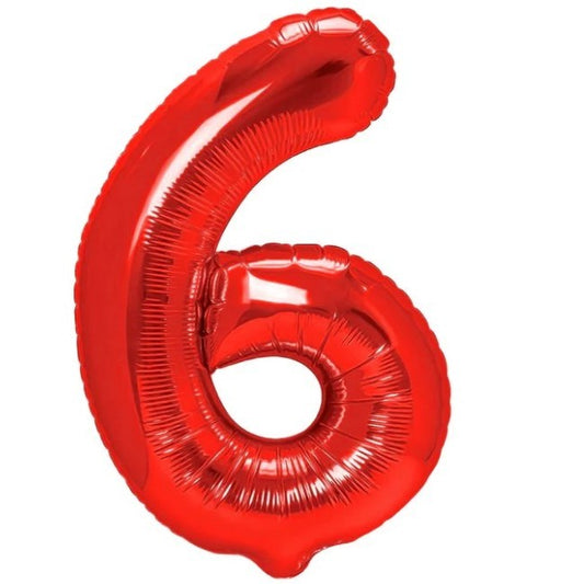 Balon din Folie Metalizata, Figurina Cifra, Tema Aniversare 100 cm, Ambalaj Individual, Pai inclus, Umflare cu Aer sau Heliu, Rosu, Cifra 6