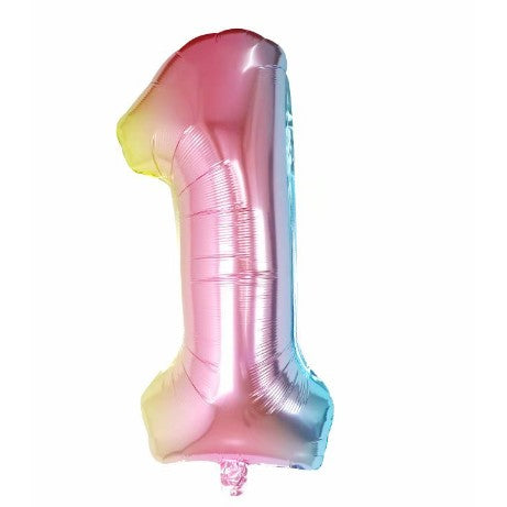 Balon din Folie Metalizata, Figurina Cifra Gradient, Tema Aniversare 40 cm, Ambalaj Individual, Pai inclus, Umflare cu Aer sau Heliu, Multicolor, Cifra 1