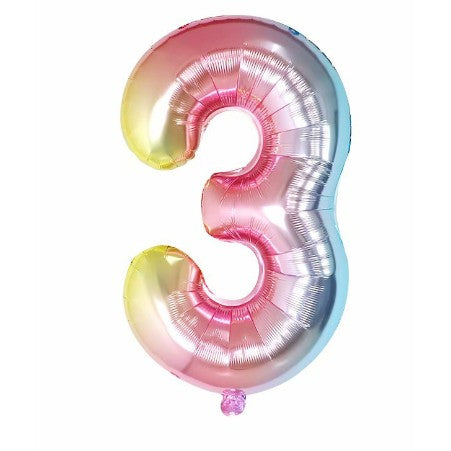 Balon din Folie Metalizata, Figurina Cifra Gradient, Tema Aniversare 40 cm, Ambalaj Individual, Pai inclus, Umflare cu Aer sau Heliu, Multicolor, Cifra 3