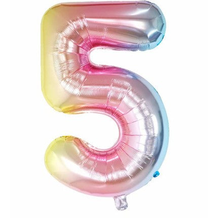 Balon din Folie Metalizata, Figurina Cifra, Tema Aniversare 40 cm, Ambalaj Individual, Pai inclus, Umflare cu Aer sau Heliu, Multicolor, Cifra 5