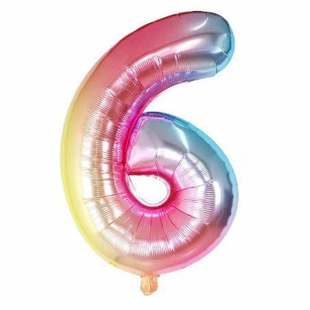 Balon din Folie Metalizata, Figurina Cifra, Tema Aniversare 40 cm, Ambalaj Individual, Pai inclus, Umflare cu Aer sau Heliu, Multicolor, Cifra 6