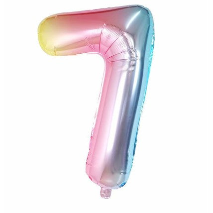 Balon din Folie Metalizata, Figurina Cifra, Tema Aniversare 40 cm, Ambalaj Individual, Pai inclus, Umflare cu Aer sau Heliu, Multicolor, Cifra 7