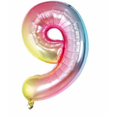 Balon din Folie Metalizata, Figurina Cifra, Tema Aniversare 40 cm, Ambalaj Individual, Pai inclus, Umflare cu Aer sau Heliu, Multicolor, Cifra 9