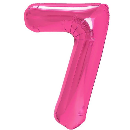 Balon din Folie Metalizata, Figurina Cifra, Tema Aniversare 40 cm, Ambalaj Individual, Pai inclus, Umflare cu Aer sau Heliu, Roz, Cifra 7
