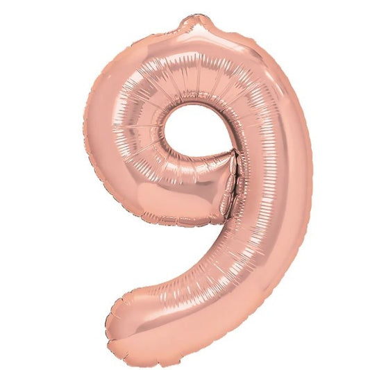 Balon din Folie Metalizata, Figurina Cifra, Tema Aniversare 80 cm, Ambalaj Individual, Pai inclus, Umflare cu Aer sau Heliu, Rose Gold, Cifra 9