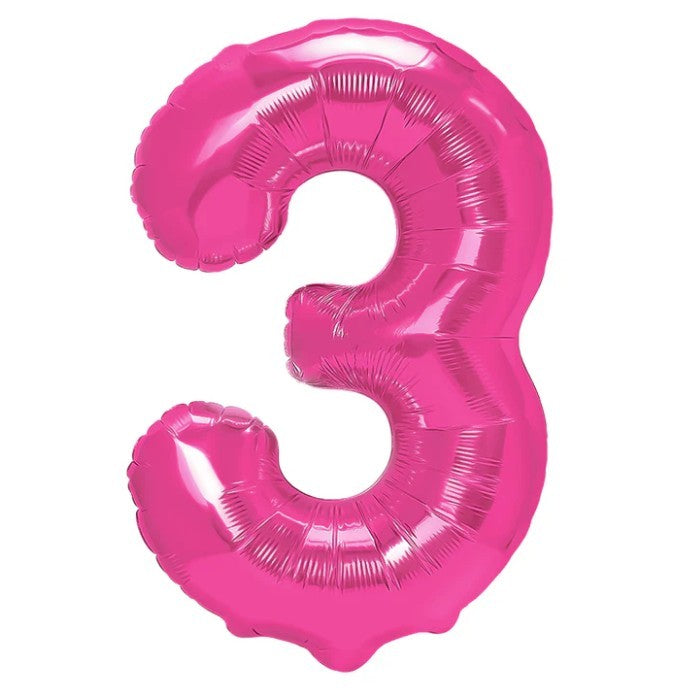 Balon din Folie Metalizata, Figurina Cifra, Tema Aniversare 80 cm, Ambalaj Individual, Pai inclus, Umflare cu Aer sau Heliu, Roz, Cifra 3