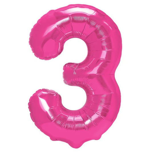 Balon din Folie Metalizata, Figurina Cifra, Tema Aniversare 80 cm, Ambalaj Individual, Pai inclus, Umflare cu Aer sau Heliu, Roz, Cifra 3