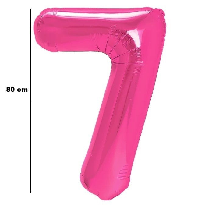 Balon din Folie Metalizata, Figurina Cifra, Tema Aniversare 80 cm, Ambalaj Individual, Pai inclus, Umflare cu Aer sau Heliu, Roz, Cifra 7