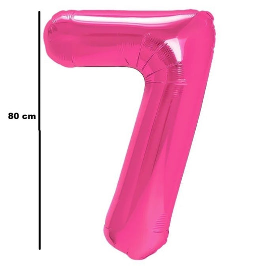 Balon din Folie Metalizata, Figurina Cifra, Tema Aniversare 80 cm, Ambalaj Individual, Pai inclus, Umflare cu Aer sau Heliu, Roz, Cifra 7