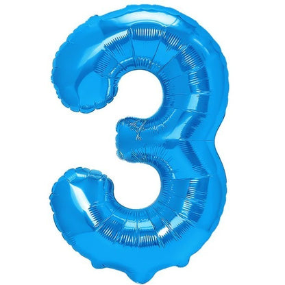 Balon din Folie Metalizata, Figurina Cifra, Tema Aniversare 100 cm, Ambalaj Individual, Pai inclus, Umflare cu Aer sau Heliu, Albastru, Cifra 3