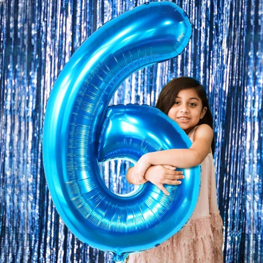 Balon din Folie Metalizata, Figurina Cifra, Tema Aniversare 100 cm, Ambalaj Individual, Pai inclus, Umflare cu Aer sau Heliu, Albastru, Cifra 6