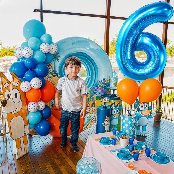 Balon din Folie Metalizata, Figurina Cifra, Tema Aniversare 100 cm, Ambalaj Individual, Pai inclus, Umflare cu Aer sau Heliu, Albastru, Cifra 6