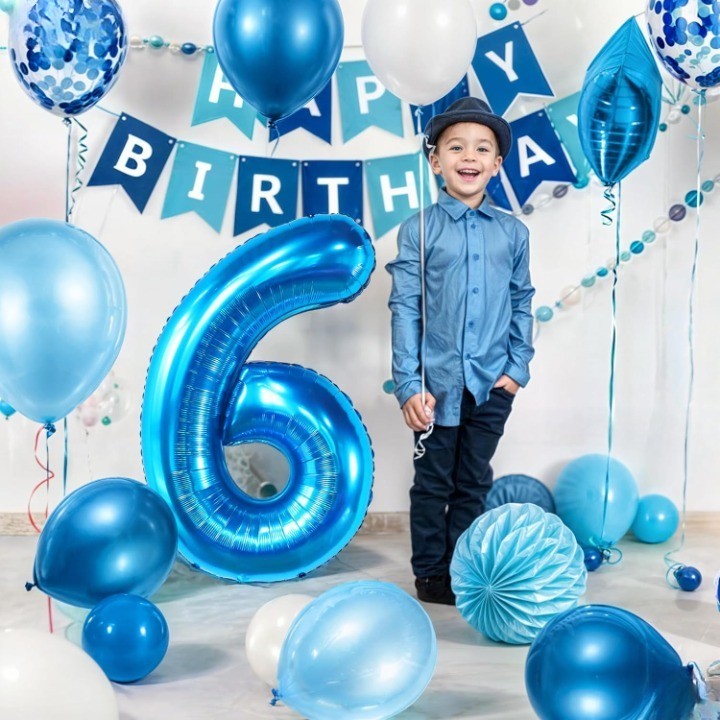 Balon din Folie Metalizata, Figurina Cifra, Tema Aniversare 100 cm, Ambalaj Individual, Pai inclus, Umflare cu Aer sau Heliu, Albastru, Cifra 6