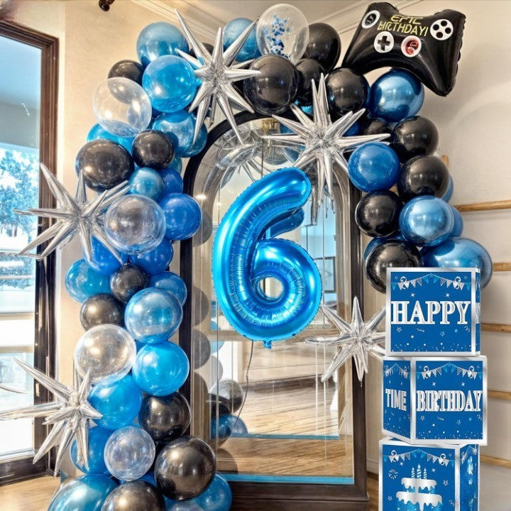 Balon din Folie Metalizata, Figurina Cifra, Tema Aniversare 100 cm, Ambalaj Individual, Pai inclus, Umflare cu Aer sau Heliu, Albastru, Cifra 6