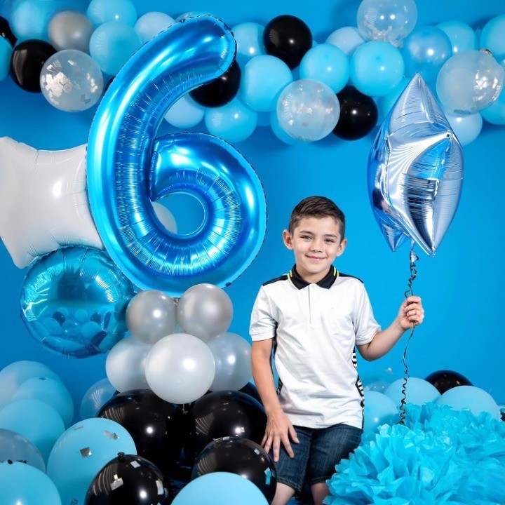 Balon din Folie Metalizata, Figurina Cifra, Tema Aniversare 100 cm, Ambalaj Individual, Pai inclus, Umflare cu Aer sau Heliu, Albastru, Cifra 6