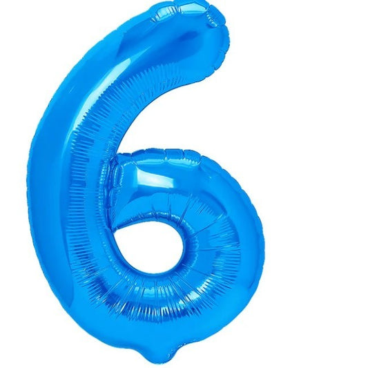 Balon din Folie Metalizata, Figurina Cifra, Tema Aniversare 100 cm, Ambalaj Individual, Pai inclus, Umflare cu Aer sau Heliu, Albastru, Cifra 6