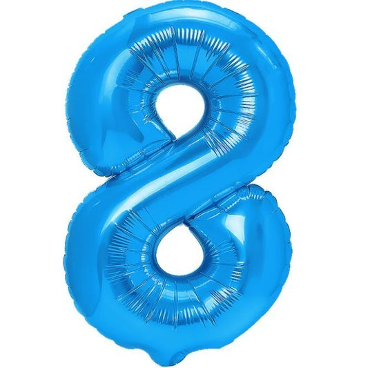 Balon din Folie Metalizata, Figurina Cifra, Tema Aniversare 100 cm, Ambalaj Individual, Pai inclus, Umflare cu Aer sau Heliu, Albastru, Cifra 8