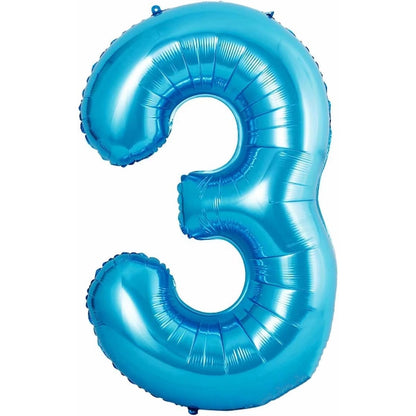 Balon din Folie Metalizata, Figurina Cifra si Coroana, Tema Aniversare 100 cm, Ambalaj Individual, Pai inclus, Umflare cu Aer sau Heliu, Albastru, Cifra 3