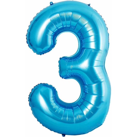 Balon din Folie Metalizata, Figurina Cifra si Coroana, Tema Aniversare 100 cm, Ambalaj Individual, Pai inclus, Umflare cu Aer sau Heliu, Albastru, Cifra 3
