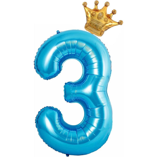 Balon din Folie Metalizata, Figurina Cifra si Coroana, Tema Aniversare 100 cm, Ambalaj Individual, Pai inclus, Umflare cu Aer sau Heliu, Albastru, Cifra 3