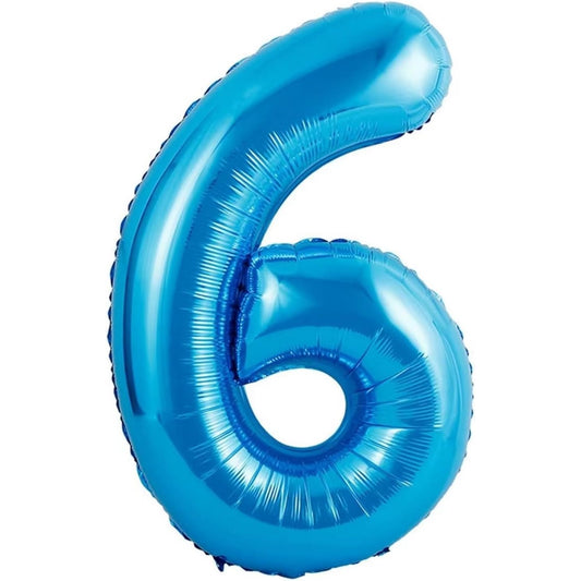 Balon din Folie Metalizata, Figurina Cifra si Coroana, Tema Aniversare 100 cm, Ambalaj Individual, Pai inclus, Umflare cu Aer sau Heliu, Albastru, Cifra 6