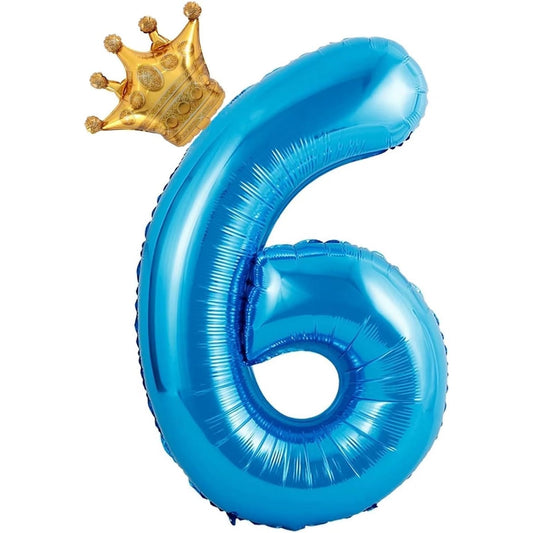 Balon din Folie Metalizata, Figurina Cifra si Coroana, Tema Aniversare 100 cm, Ambalaj Individual, Pai inclus, Umflare cu Aer sau Heliu, Albastru, Cifra 6